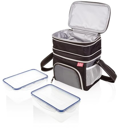 Jata Hogar 954 - Bolsa Térmica Porta Alimentos con 2 Táperes Herméticos Incluidos, Lunch Bag Isotérmica Extensible, Compartimento Superior Expandible, Impermeable, Libre de BPA, para Trabajo, Oficina