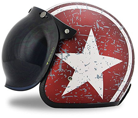 Woljay Casco Jet Moto Scooter Piatto Con Grafica Stella con Scudo a bolle Bianco + Rosso