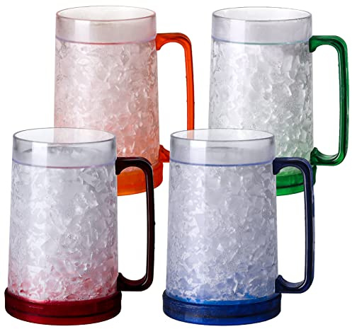Easicozi Double Wall Gel Frosty Freezer Ice Mugs Clear 16oz Set of 4 (Blue, Red, Orange and Green)
