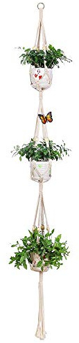 Fliyeong Premium Plant Hanger Macrame 3 Tier Plant Holder Hangers Cotton Rope Hanging Planter Basket for Indoor and Outdoor