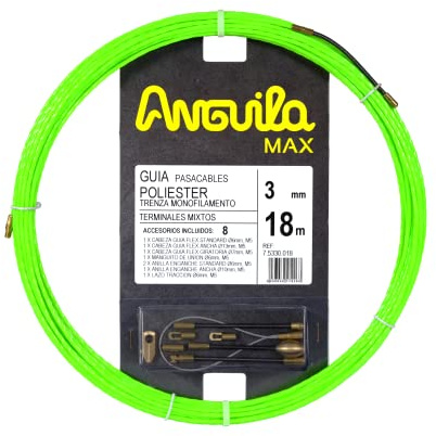 Anguila Max Guía Pasacables Poliéster Monofilamento T. Mixtos ⌀3mm 18m | Para tubos estrechos, rígida en recto y flexible en curva, con mínimo rozamiento; terminales mixtos; incluye 8 accesorios