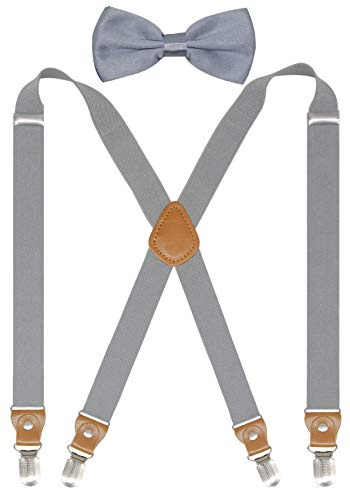 Doloise Suspenders Men&Women Bowtie Set X Back Suspender For Wedding&Formal Events with 1 Inch Wide Elastic Braces(Silver)