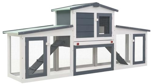 vidaXL Holz Großer Kaninchenstall Hasenstall Kaninchenkäfig Hasenkäfig Kleintierstall Hasenvilla Meerschweinchen Grau Weiß 201x45x85cm