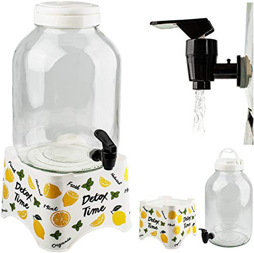 alles-meine.de GmbH 5 Liter - großer Getränkespender - Glas - mit Zapfhahn & Deckel + abnehmbaren Ständer/Saftkanne/Zapfhahnflasche - 5l Wasserspender Wasserkanister - Campin..
