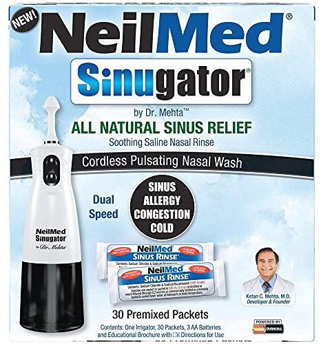 NeilMed Sinugator Cordless Pulsating Nasal Irrigator (Dual Speed) with 30 Premixed Packets and 3 AA Batteries - Black (Pack of 1)