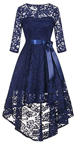 Ansenesna Abendkleider Elegant für Hochzeit Knielang Damen Vokuhila Abendkleid Mit Ärmel Spitze Kleid Vorne Kurz Hinten Lang (B Marineblau,XXL)