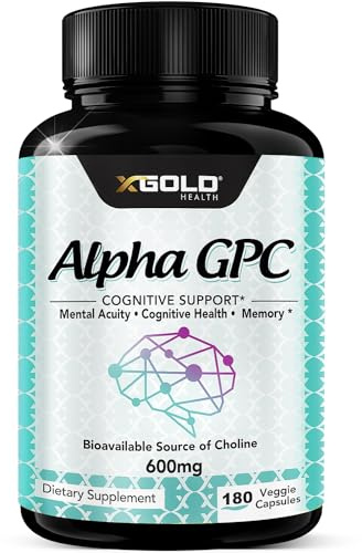 Alpha GPC Choline Supplement 600mg, 99%+ Highly Purified, Highly Bioavailable Source of Choline,180 Veggie Capsules, Cognitive Enhancer Nootropic, Supports Memory & Brain Function, Boosts Focus & Mood