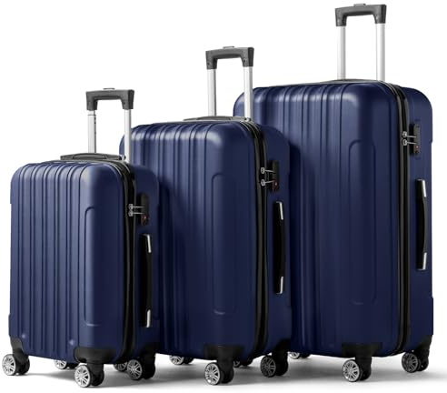 Karl home Luggage Set of 3 Hardside Carry on Suitcase Sets with Spinner Wheels & TSA lock, Portable Lightweight ABS Luggages for Travel, Business - Navy Blue (20/24/28)