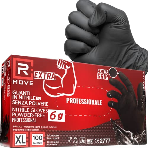R MOVE 100 guanti in Nitrile NERI 6 grammi EXTRA RESISTENTI 60% di SPESSORE in più al dito rispetto al 3,5 gr NO polvere NO lattice per Meccanici, Tatuatori, Ristorazione, Guanti monouso (XL)