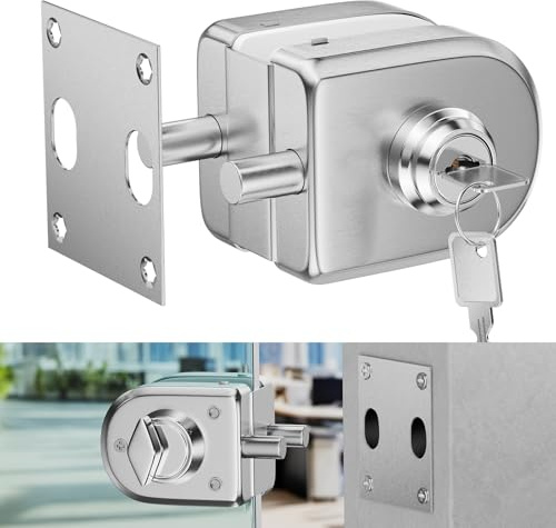 Serratura per porta in vetro senza fori, finitura satinata, con chiave e pomello, alta sicurezza, 304 acciaio inox, per vetro temperato 10-12 mm, installazione facile, design moderno antiscasso.
