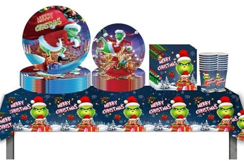 Ensemble de 65 pièces de vaisselle jetable à motif Grinch avec nappe en plastique, assiettes en papier, serviettes et tasses pour décorations de table de Noël