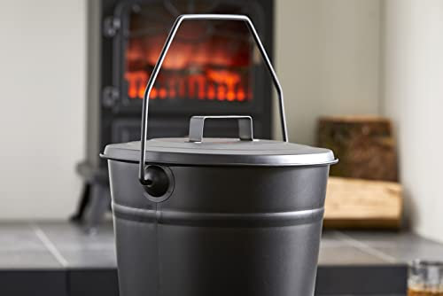 AH® Heavy Duty Steel Coal/Ash/Kindling Fireside Bucket with Handle & Secure Lid Welded Base 16 Litre Black Powdercoated 1.8kg Weight Multi Use Around Home Garden, Log Coal Storage, Wood Burner BBQ