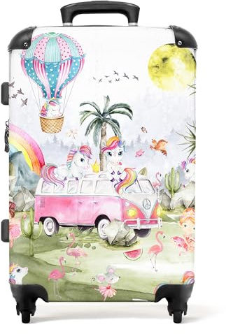 NoBoringSuitcases.com® Reisekoffer Mädchengeschenke Rollkoffer Reisekoffe Weichgepäck Koffer Groß Kinder - Pink - Einhorn - Regenbogen - Koffer mittelgroß, 67x43x25cm