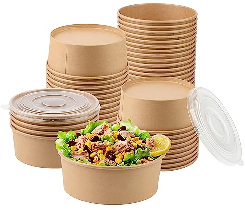 Belinlen 36oz 50 Sets Large Kraft Paper Bowls with Lids, Disposable Bowls with Lids, Paper Salad Bowls, Paper Food Container with Lid Perfect for Hot/Cold Food, Soup, Salad, Ice Cream