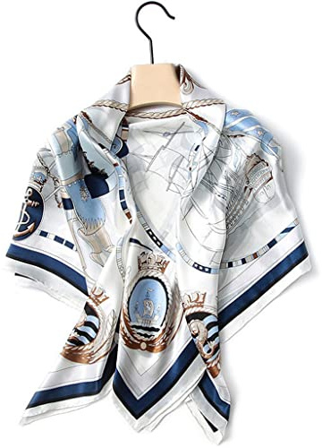 Weißer und Blauer Seidenschal, großer quadratischer Schal für Damen, Maulbeerseidenschal, Frühlings- und Herbstschal, Frauentag (Farbe: A, Größe: Einheitsgröße)
