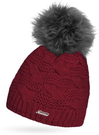 Neverless® Damen Strick-Mütze Winter Grobstrick Gefüttert Fleece Fell-Bommel Kunstfell Bommelmütze Bordeaux Unisize