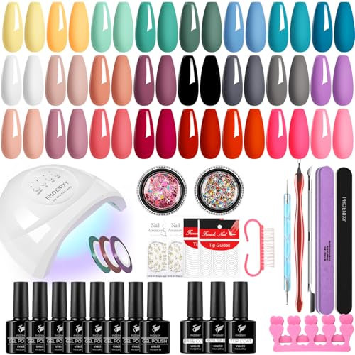 Phoenixy Gel Nail Polish Kit, 24 Colours Gel Nail Polish Set with Lamp Starter Kit Red Green Grey Black Nail Art Gift for Women