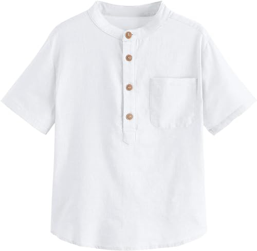 Haloumoning Camisa de lino para chicos de manga corta Henley, camiseta de verano, monocolor, corte regular, informal, informal, para fiestas, para niños (3-14 años)