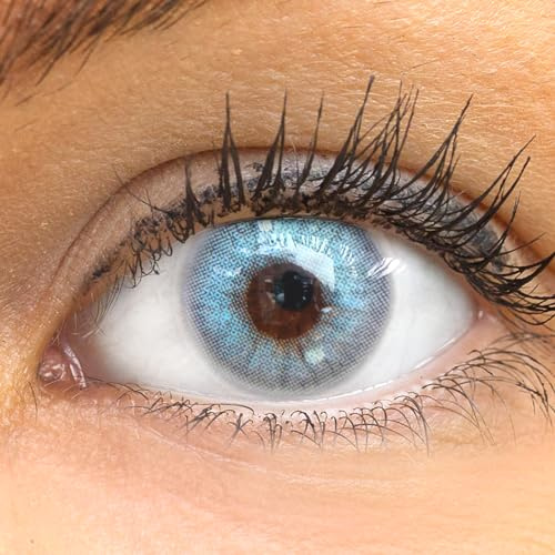 GLAMLENS Kontaktlinsen farbig 'Jasmine Ash Blue' ohne Stärke farbige blaue Monatslinsen weiche Linsen soft Hydrogel 2 Stück Farblinsen + Linsenbehälter 0.0 Dioptrien natürliche Farben Serie