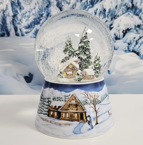 Schneekugel Musik Weihnachten | Hütte Winter | B: 10 cm H: 14 cm | 20319 | Sockel Winterlandschaft mittelblau | Hüttenzauber | Schüttelkugel Weihnachtsdekoration