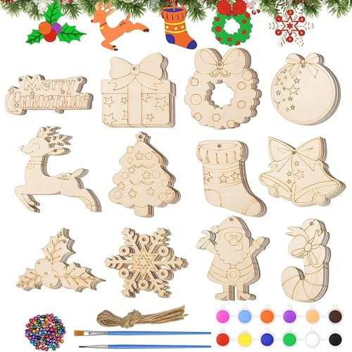 Weihnachtsschmuck aus zum Bemalen,Holzschmuck zum Basteln - 60 x Feiertagsornamente | Weihnachtsbaumschmuck, Perlenornament-Set, weihnachtliches Holzhandwerk mit Pinseln, Palette, Glocken, Seilen