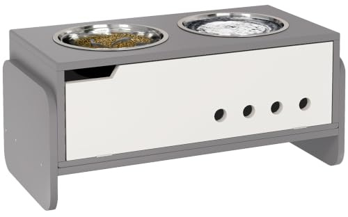 PawHut Erhöhter Hundenapf Höhenverstellbar 2 x 2000ml Große Hunde Grau | Futternapf mit Stauraum, Wassernapf, Edelstahlnäpfen, Langsamfutternapf, Verstellbar, Fressnapf, Futterstation, Katzen