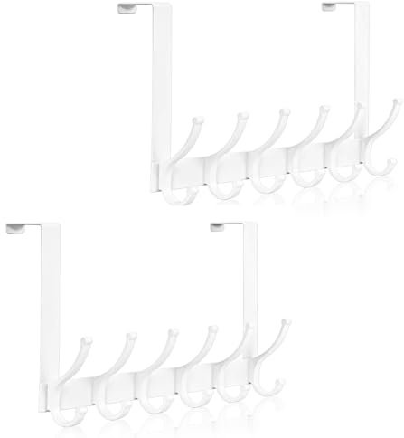 Optish Türhaken zum Einhängen, Türgarderobe zum Einhängen mit 12 Haken, Flexible Kleiderhaken Tür Patzsparende Türhakenleiste für Badezimmer für Handtüchern und Hüten(2 Pack, Weiß)