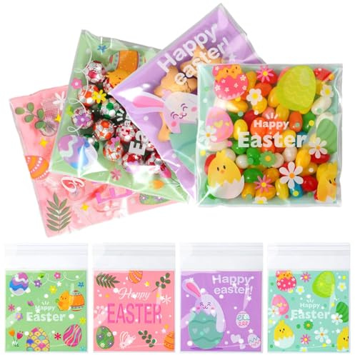 DIELOVEHUA 100 Stück Ostern Cellophantüten, Ostern Plätzchentüten, Geschenktüte Ostern, Selbstklebende Süssigkeiten Tüte, Candy Geschenk Taschen, für Ostern, Partys, Süßigkeiten, Schokolade