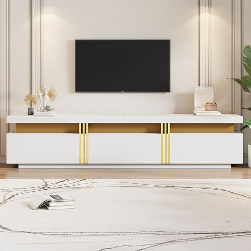 Merax White and Gold TV Stand, TV Media Units with Storage, TV Cabinet with 3 Drawers, Rectangle TV Console Table, TV Lowboard for Living Room, White+Gold, 200x40x42cm