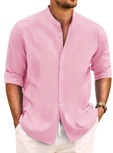 Yageshark Camicia da uomo in lino, a maniche lunghe, estiva, con bottoni, colletto alto, casual, vestibilità normale, da spiaggia, in lino, Colore: rosa., S