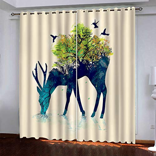 MAYNUO Blickdichte Vorhänge Mit Motiv 3D Abstrakter Blauer Hirsch Kinder Gardinen Ösen Gardine Thermo 280x160 cm Schlafzimmer Kinderzimmer Vorhange Dekoratives Muster, Verdunklungsvorhänge