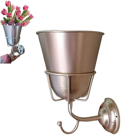 Vintage Wandvase mit Haken, Blumenhalter und Organizer,Multifunktionale Wandhalterung für Blumen, Kunstpflanzen, Postablage, Wohndekor, Metall (Gold)