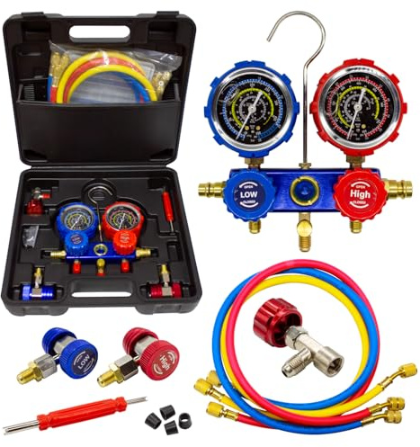 Manometro con Glicerina Maletin Set Manometros para Aire Acondicionado con Glicerina para Precision Gas Refrigerante R32, R410, R134 Manometro para Recarga de Gas Refrigerante Antivibraciones
