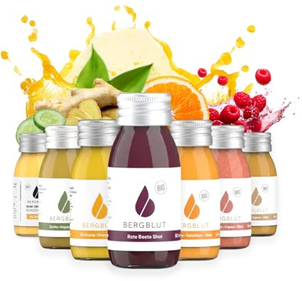 Bergblut Bio Ingwer Shot Mix Box – 7 x 60 ml ohne Stücke | verschiedene Sorten | Direktgepresst & Ohne Zusatzstoffe | Ingwershot Vegan & 100 % natürlich | Saftkur Alternative