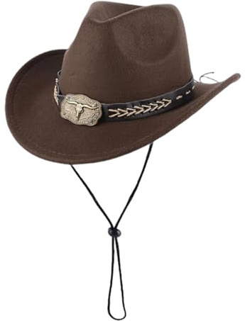 Cowboy Hut Damen Herren Braun, Verstellbarer Westernhut 56–58 cm mit Lederband, Breite Krempe Fedora Hut, Vintage Cowgirl Hut für Karneval, Cosplay, Party, Festival und Outdoor