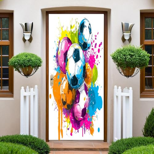 Graffiti Türaufkleber 3D 90x200 cm Fußball Sport Malerei Türtapete Selbstklebend Türposter PVC Türfolie Poster Fototapete Wandbild DIY Entfernbar Aufkleber Wasserdichte Tapete