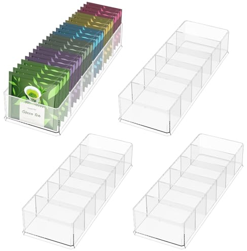 RHAIQBVC Tea Bag Holder 4 Pcs Clear Tea Bag Organizer with 5 Removable Dividers Small Teas Packet Storage Box for Drawer Countertop Pantry Kitchen Cabinet Shelf