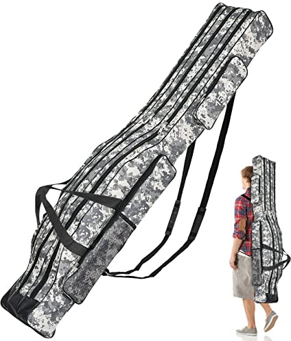 FLLVILLEY Fishing Tackle Bag, 3 Layers Fishing Rod Bags 150cm Fish Pole Carrier Bag Waterproof Oxford Carp Fish Tackle Rod Holdall Bag (Light Camouflage)