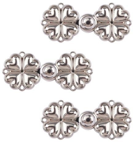WANDIC Umhang-Verschlüsse, 3 Paar, 2,4 x 1,8 cm, Nähknöpfe, Kleeblatt, Cardigan, Pullover, Clip für Kleidung, Haken und Ösen, Frosch-Verschlüsse, silberfarben