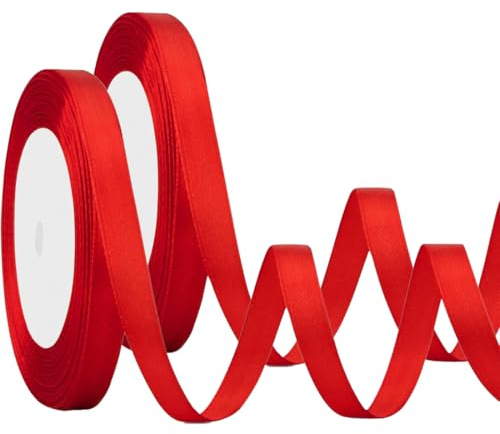 LQIOACU 2 Rollen Rot 1cm Breit Satinbands, 22.8 Meters Schleifenband, Geschenkband für Geschenkverpackungen, DIY Handwerk, Schleifenherstellung, Geburtstags- und Hochzeitsdekorationen