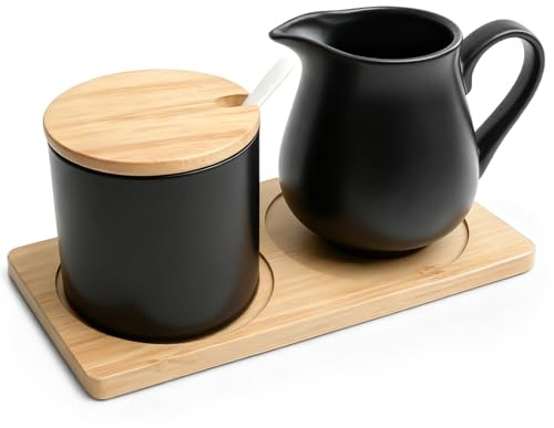 2 Stück Milch und Zucker Set, Keramik Zuckerdose mit Bambus Deckel und Löffel, praktische Milchkännchen Keramik mit Holz Tablett, Zucker Behälter für Küche und Esstisch, Spülmaschinen(Schwarz)