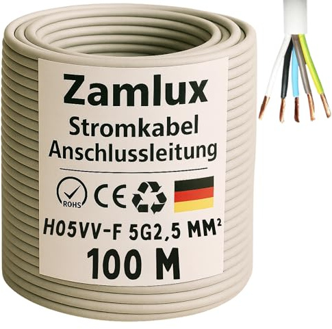 Zamluxury GmbH H05VV-F 5G2,5 mm² (5x2,5) Gerätekabel/Mantelleitung, flexibel, PVC, Grau, 100 m, 300/500 V – für Innenbereich: Verteilung, Beleuchtung & Verlängerungsleitung