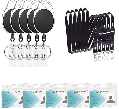 bhb Einziehbarer Ausweishalter mit Lanyard und Kartenhalter – Set 3 5 10 20 Stück – Schlüsselband Ausziehbar mit Karabiner Clip und Wasserdichter Ausweishülle für Schlüssel Ausweis ID Card (5er Set)