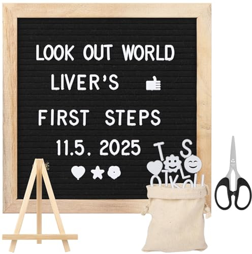 Esilihom Felt Letter Board, Changeable Message Board with Wooden Frame & 340 Letters, 10x10 Inch Memo & Notice Board for Home, Office, Kitchen, Café, Pregnancy and Baby Announcements, Black