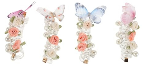 CLISPEED Gomas Pelo Espiral 4 Piezas Diseño de Perlas y Flores Colores Azul Lavanda Gris y Rosa Elásticas Suaves Que No Dañan el Cabello Ideales para Coletas y Trenzas Niñas