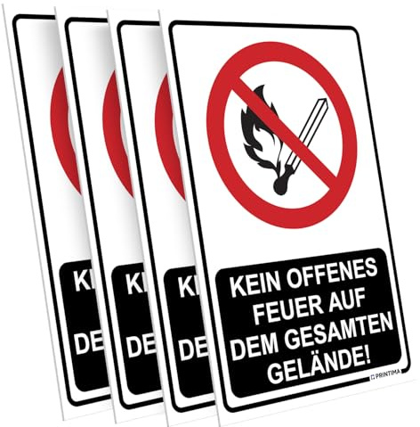 PRINTIMA 4x Schild „Kein offenes Feuer auf dem gesamten Gelände!“ 21x32 cm – PVC Verbotsschild wetterfest & UV-beständig, inkl. Dübel, Brandschutz-Hinweisschild für Innen- & Außenbereiche