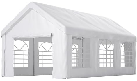 Carport 299x598x283cm, Zeltgarage Winterfest mit Roll-up-Tür, Abnehmbare Seitenwände, Großes Garagenzelt inkl. Solarlampen, Für Auto, SUV, LKW, Weiß
