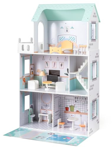 FANTASK Holz Puppenhaus 120,5 cm Hoch, Puppenvilla mit 3 Etagen & 17 Möbelstücken, Spielhaus für Mädchen und Jungen ab 2 Jahren, 73 x 34 x 120,5 cm (Grün)