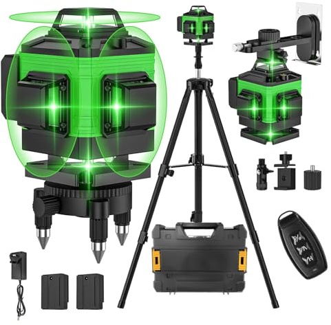 Niveau Laser Chantier 4D 16 Lignes, Lazer Niveaux Rotatif 360° x 4 Autonivelant, Mode Impulsion Pulsé Extérieur, avec 2 Batteries, Trépied, Support et Télécommande