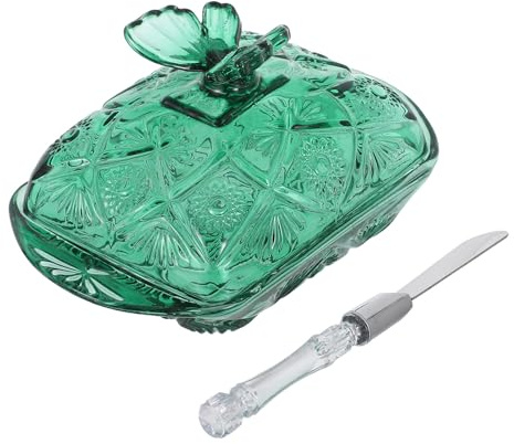 YARNOW Mantequera de Cristal Verde con Tapa y Cuchillo para Mantequilla Casera, Almacenamiento Hermético y Preservación de Frescura, Adecuado para Cocina Occidental